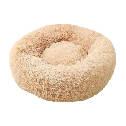Beige round plush pet bed with zipper, soft and thick for dogs and cats, from TrendyPet's Zone.