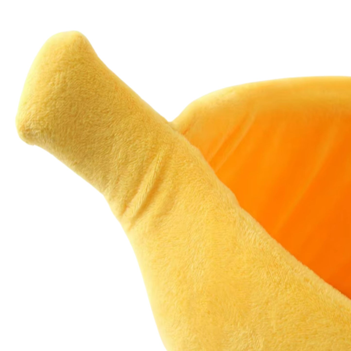 Yellow banana-shaped cat bed with cozy cushion interior, designed for kittens and small pets for comfortable sleeping.