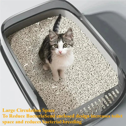 Beige White Splashproof Semi-Enclosed Cat Litter Box with High Sides – Indoor Kitten Toilet Tray TrendyPet's Zone