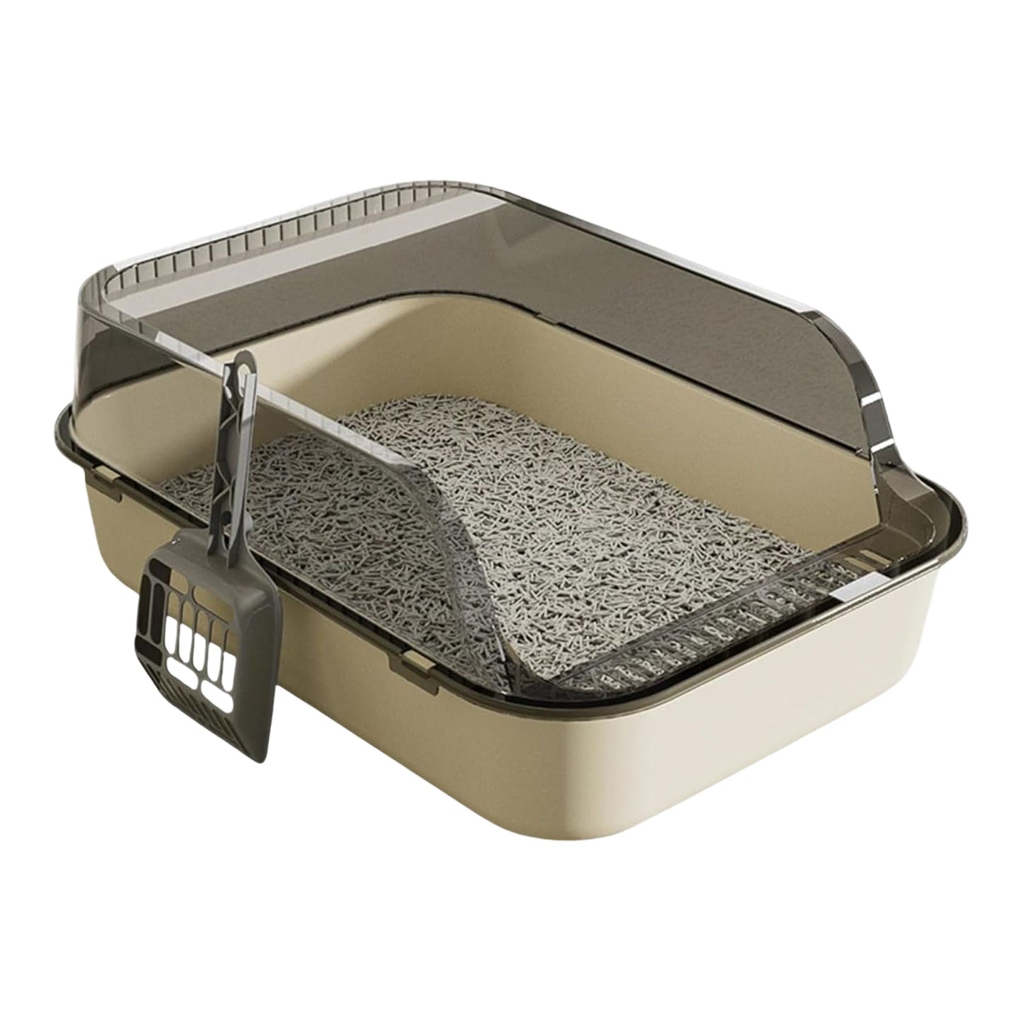 Beige and white splashproof semi-enclosed cat litter box with high sides by TrendyPet's Zone, ideal for indoor kittens.