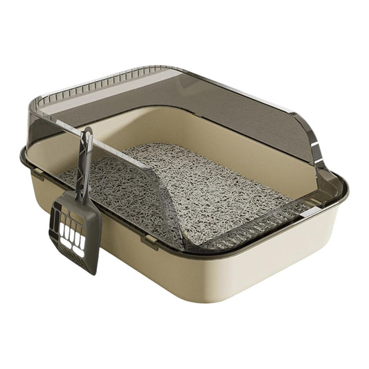 Beige and white splashproof semi-enclosed cat litter box with high sides by TrendyPet's Zone, ideal for indoor kittens.