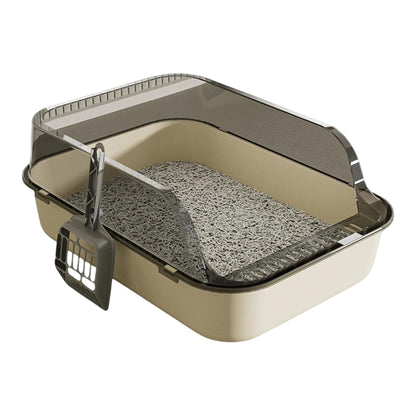 Beige and white splashproof semi-enclosed cat litter box with high sides for indoor kittens, by TrendyPet's Zone.
