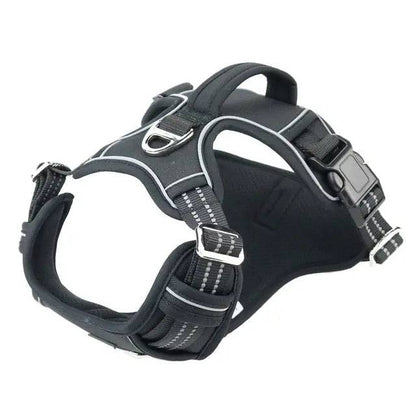 Black 1000D Oxford cloth reflective dog harness with vertical handle and adjustable collar, designed for service and outdoor walks.