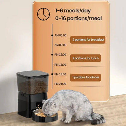 White 2L automatic pet food dispenser for cats and dogs with portion control from TrendyPet's Zone, showcasing the smart feeder in use.