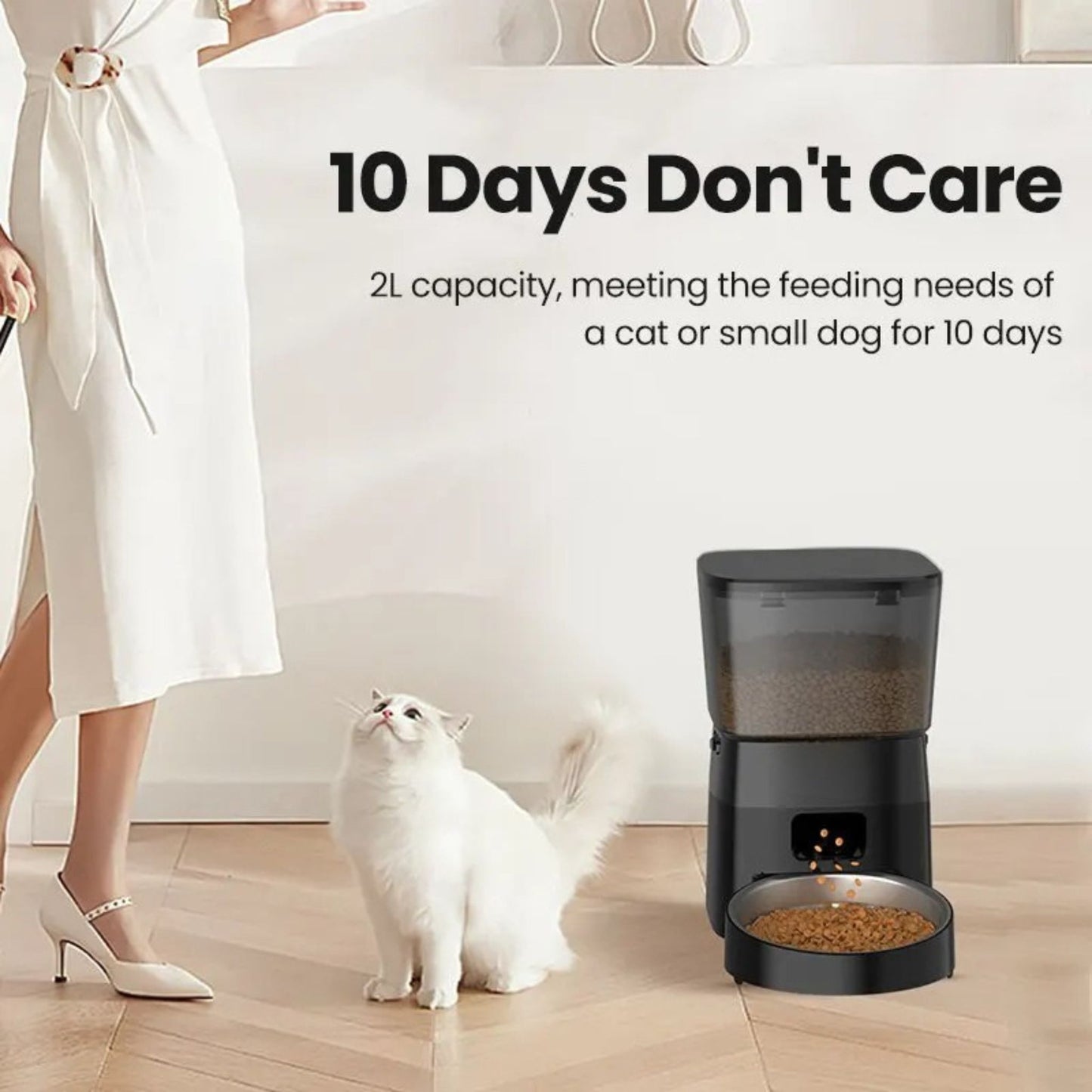 Black 2L Smart Automatic Cat & Dog Food Dispenser by TrendyPet's Zone with portion control for pet feeding.