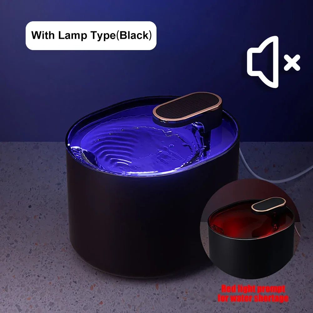 Black 3L Pet Automatic Water Fountain with LED light, ultra silent, USB-powered, for cats and kittens, by TrendyPet's Zone.