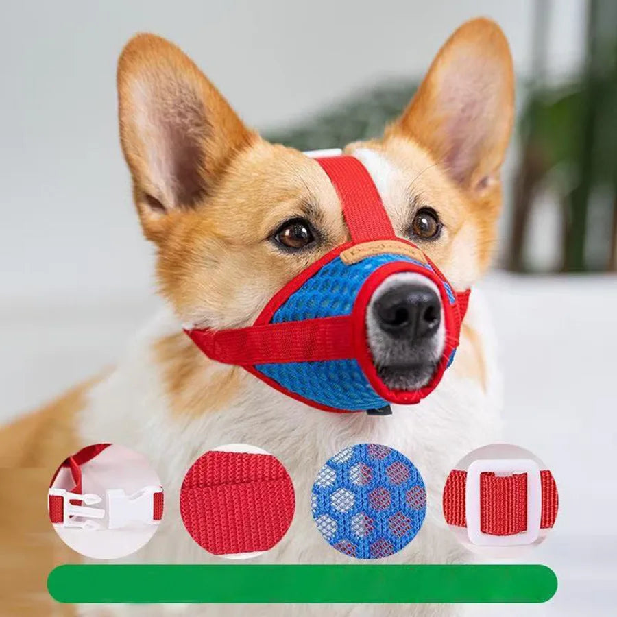 Black adjustable mesh muzzle for small to large dogs, designed by TrendyPet's Zone, showing the breathable, secure fit on a dog.