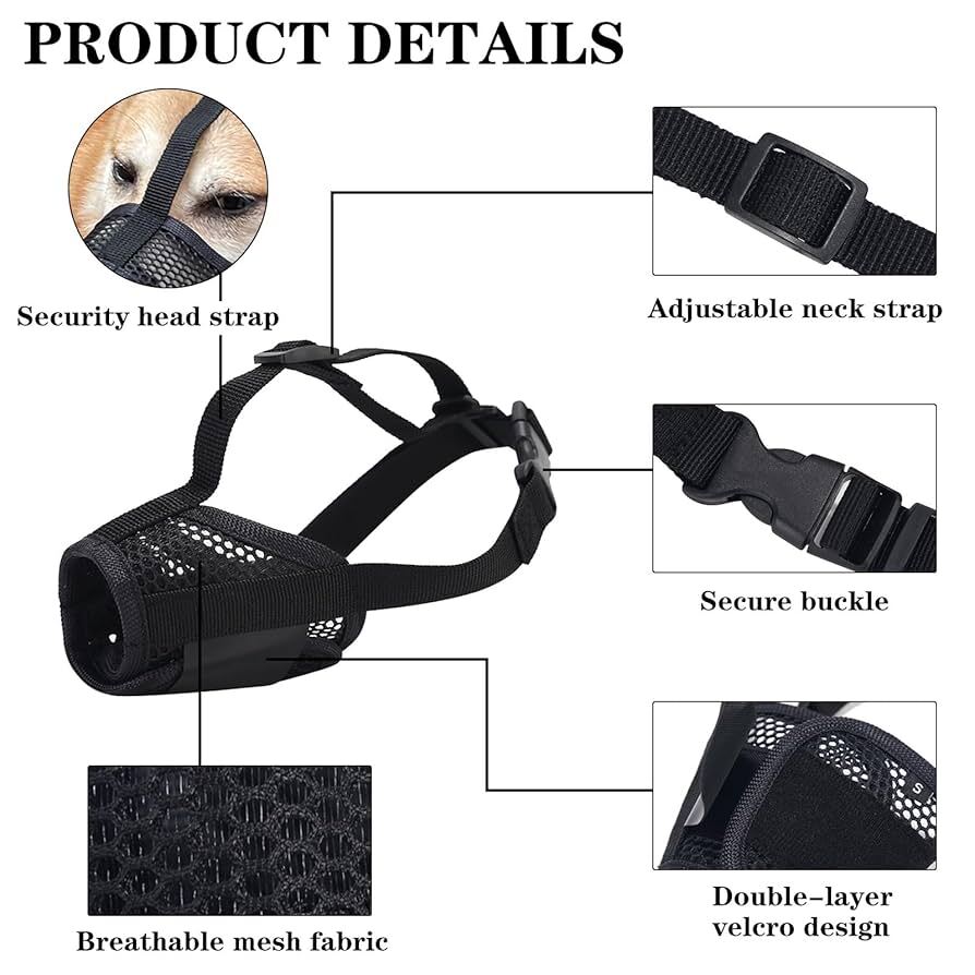 Black adjustable mesh muzzle for small to large dogs, designed by TrendyPet's Zone, shown on a dog for safe restraint.