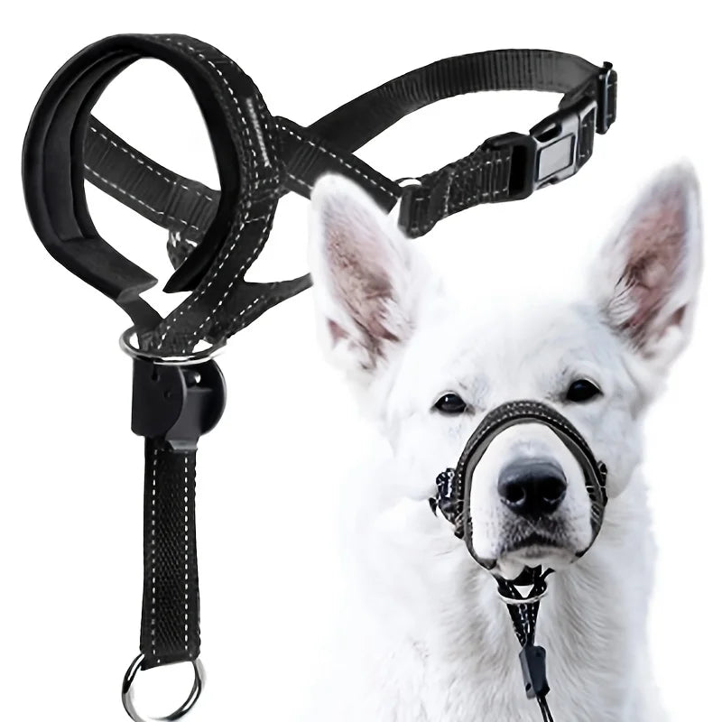 Black adjustable nylon anti-bark dog muzzle and head halter from TrendyPet's Zone, designed for control and safety during walks.