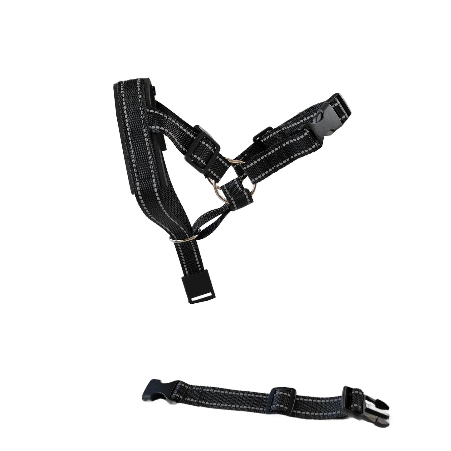 Black adjustable nylon anti-bark dog muzzle and head halter from TrendyPet's Zone, designed for control and safety during walks.