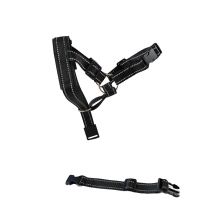 Black adjustable nylon anti-bark dog muzzle and head halter from TrendyPet's Zone, designed for control and safety during walks.