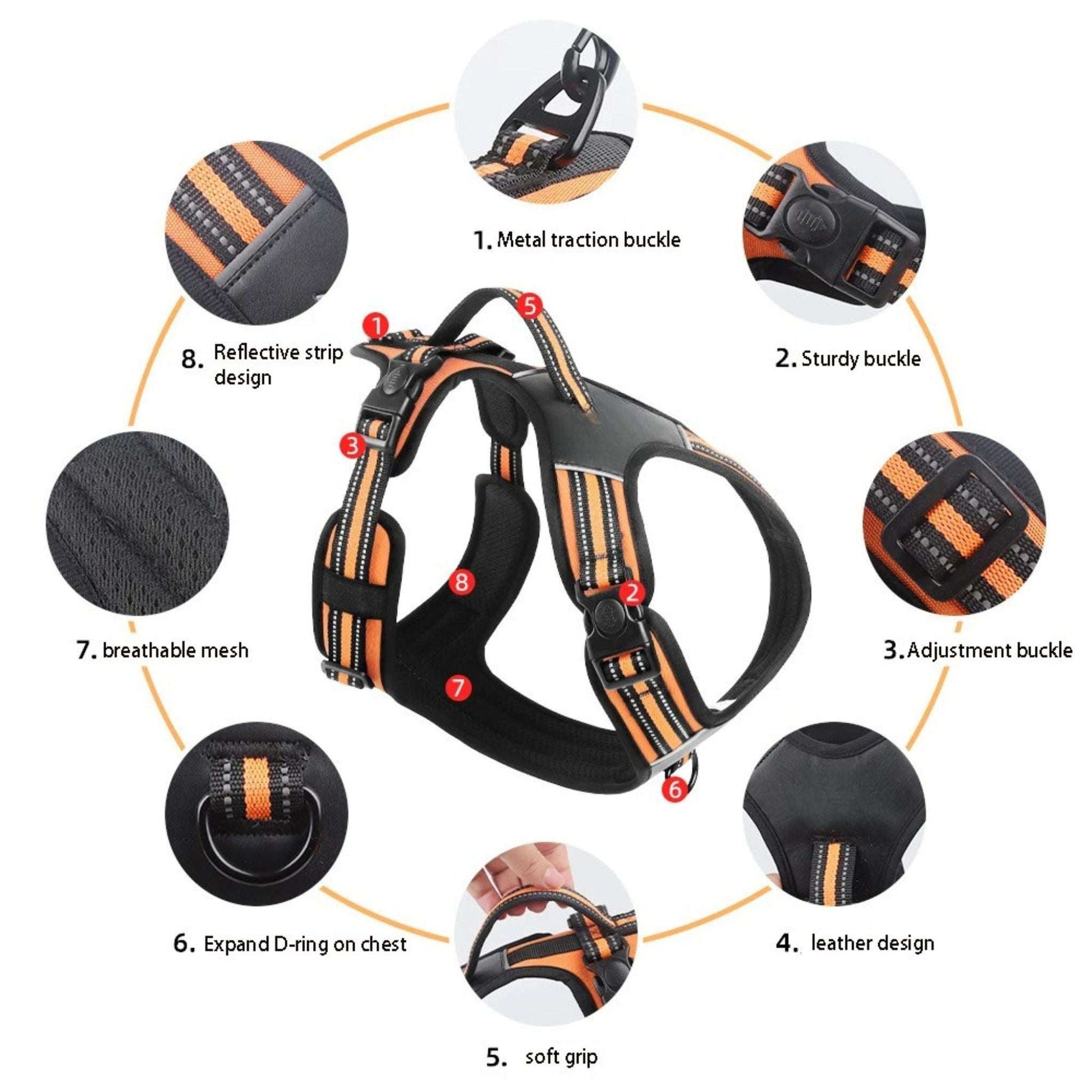 Black adjustable reflective no-pull dog harness with soft padding and vest design, ideal for training and comfort.