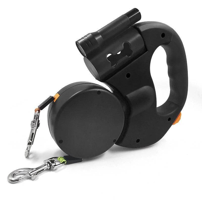 Black Auto Retractable Double-Ended Traction Rope Dual Dog Leash 360-Degree Rotating With Flashlight & Garbage Bag Storage - TrendyPet's Zone