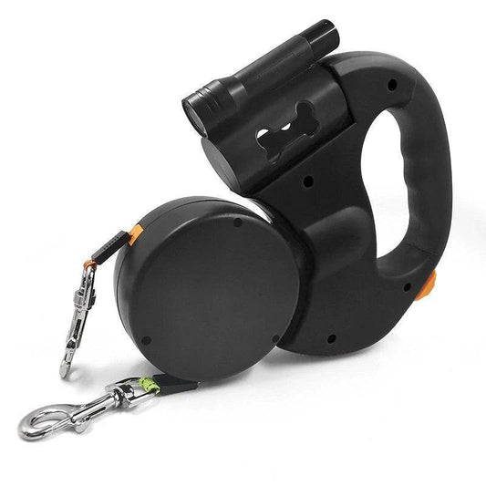 Black Auto Retractable Double-Ended Traction Rope Dual Dog Leash 360-Degree Rotating With Flashlight & Garbage Bag Storage - TrendyPet's Zone