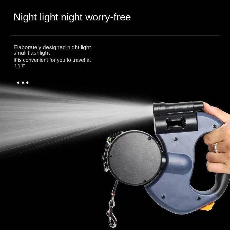 Black Auto Retractable Double-Ended Traction Rope Dual Dog Leash 360-Degree Rotating With Flashlight & Garbage Bag Storage - TrendyPet's Zone