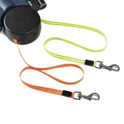 Black Auto Retractable Double-Ended Traction Rope Dual Dog Leash 360-Degree Rotating With Flashlight & Garbage Bag Storage - TrendyPet's Zone