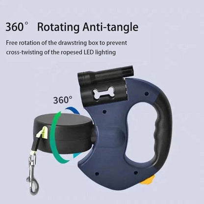 Black Auto Retractable Double-Ended Traction Rope Dual Dog Leash 360-Degree Rotating With Flashlight & Garbage Bag Storage - TrendyPet's Zone