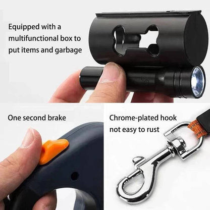 Black Auto Retractable Double-Ended Traction Rope Dual Dog Leash 360-Degree Rotating With Flashlight & Garbage Bag Storage - TrendyPet's Zone