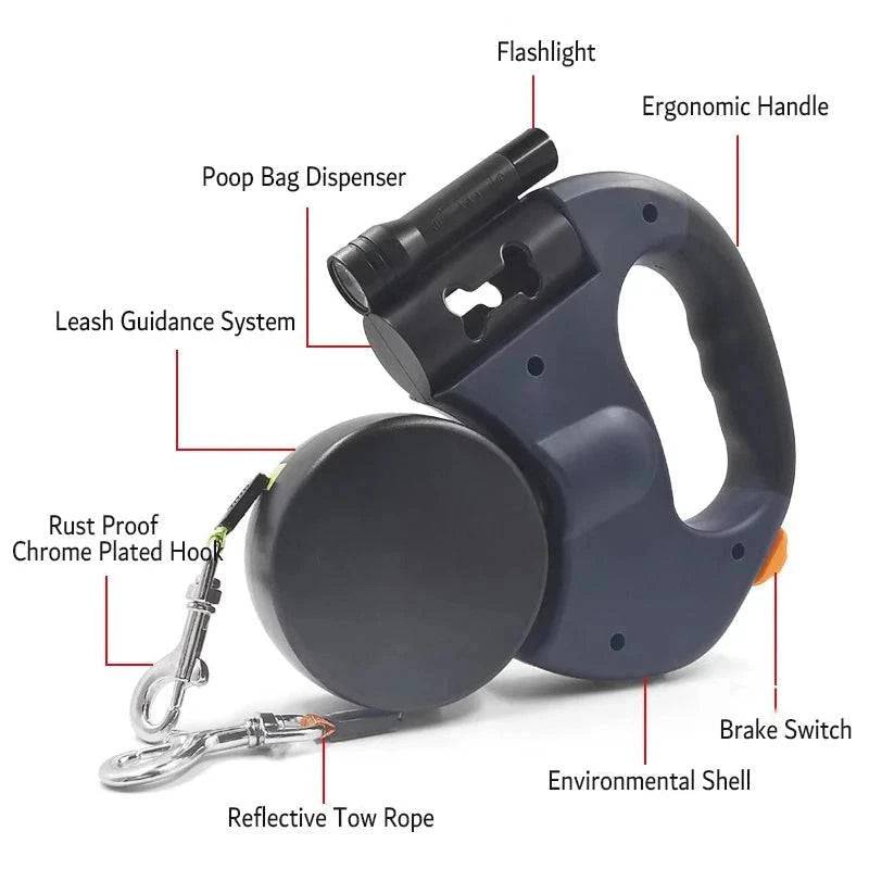 Black Auto Retractable Double-Ended Traction Rope Dual Dog Leash 360-Degree Rotating With Flashlight & Garbage Bag Storage - TrendyPet's Zone