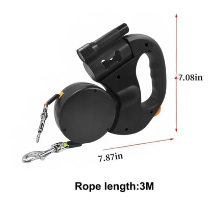 Black Auto Retractable Double-Ended Traction Rope Dual Dog Leash 360-Degree Rotating With Flashlight & Garbage Bag Storage - TrendyPet's Zone
