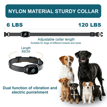 Automatic dog barking collar with rechargeable bark stopper device, equipped with sensors and adjustable strap. TrendyPet's Zone 