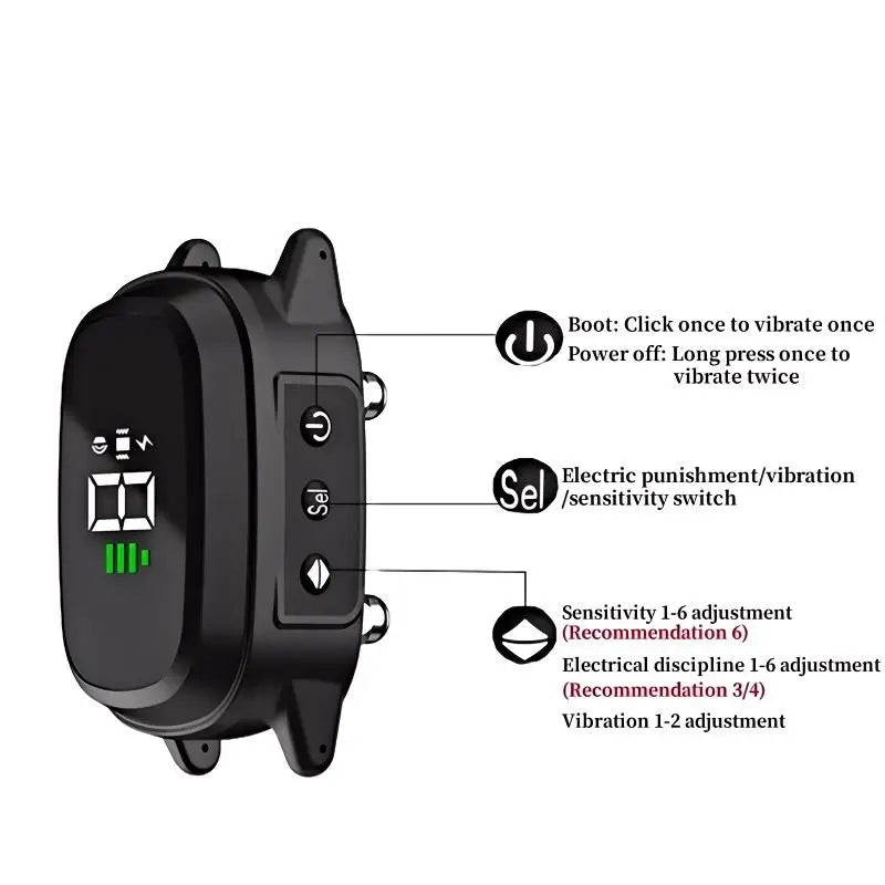 Automatic dog barking collar with rechargeable bark stopper device, equipped with sensors and adjustable strap. TrendyPet's Zone 