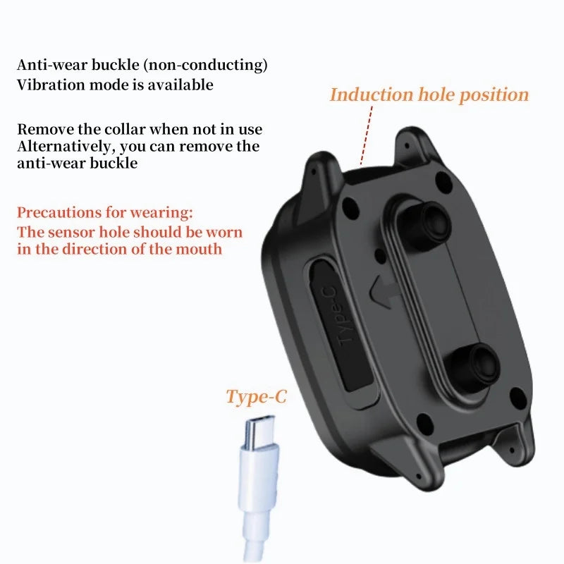 Automatic dog barking collar with rechargeable bark stopper device, equipped with sensors and adjustable strap. TrendyPet's Zone 