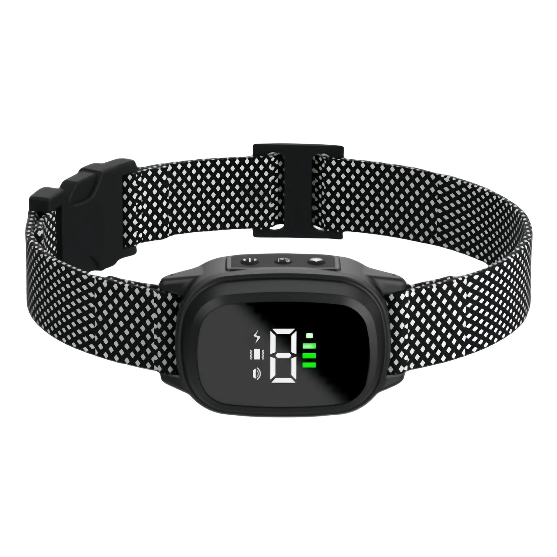 Automatic dog barking collar with rechargeable bark stopper device, equipped with sensors and adjustable strap. TrendyPet's Zone 