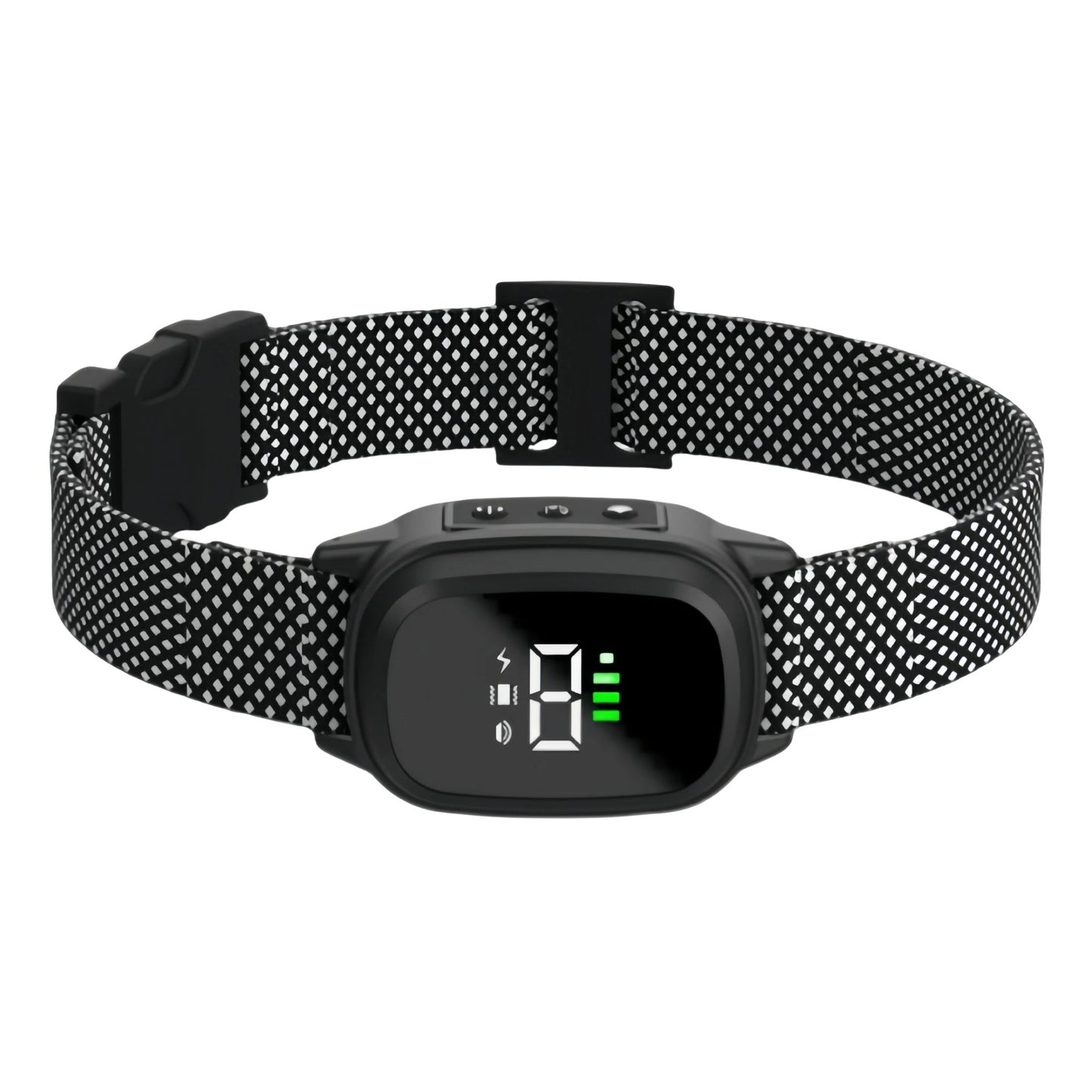 Automatic dog barking collar with rechargeable bark stopper device, equipped with sensors and adjustable strap. TrendyPet's Zone 