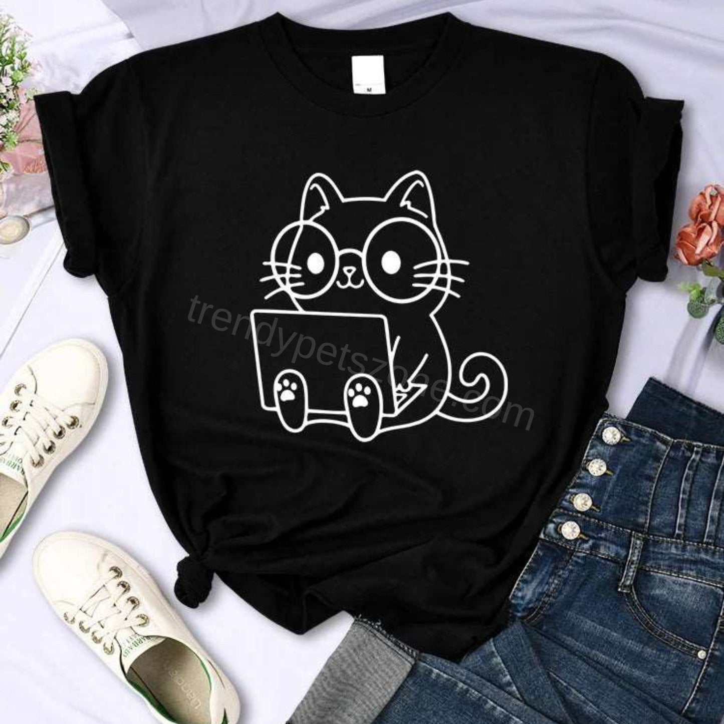 Black Careful Study Of Work Cat Sketches Women T-Shirt Personality Trend Casual Tee Clothing Street Creative Tops Female Short Sleeve TrendyPet's Zone