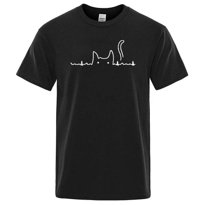 Black Casual Men's T-Shirts Cat Cute Printed Summer Cotton O-Neck Short Sleeve Top Tee T-shirts - TrendyPet's Zone