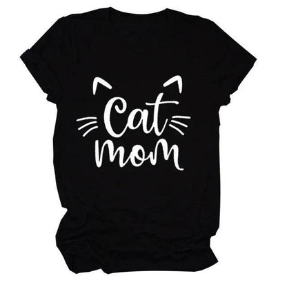 Black "Cat Mom" Vivid Letter Print Women T-Shirt Short Sleeve O-Neck Loose Ladies Tee Tops Clothes - TrendyPet's Zone