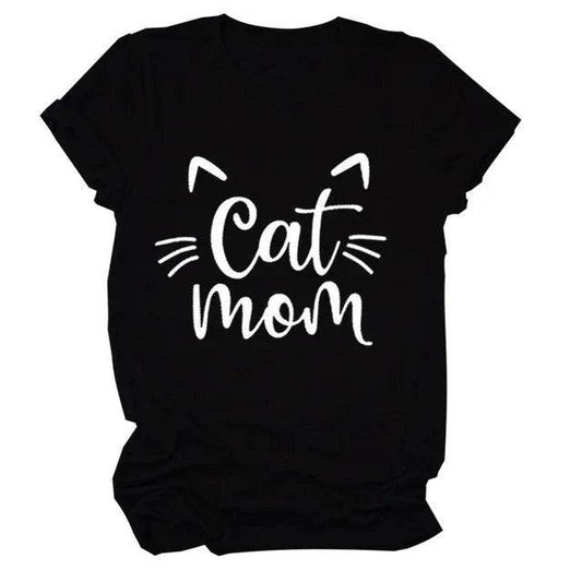 Black "Cat Mom" Vivid Letter Print Women T-Shirt Short Sleeve O-Neck Loose Ladies Tee Tops Clothes - TrendyPet's Zone