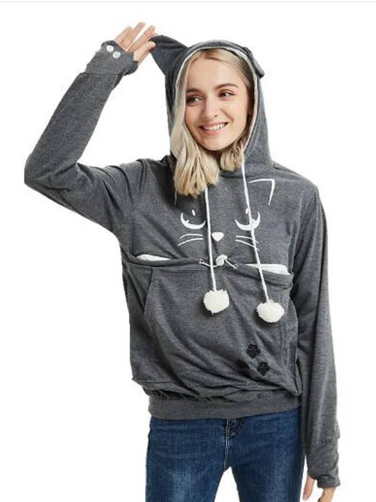 Black Cat Print High Quality Sweatshirt Cat Dog Lovers Hoodies Kangaroo Pet Paw Ears Cuddle Pouch Pullovers - TrendyPet's Zone