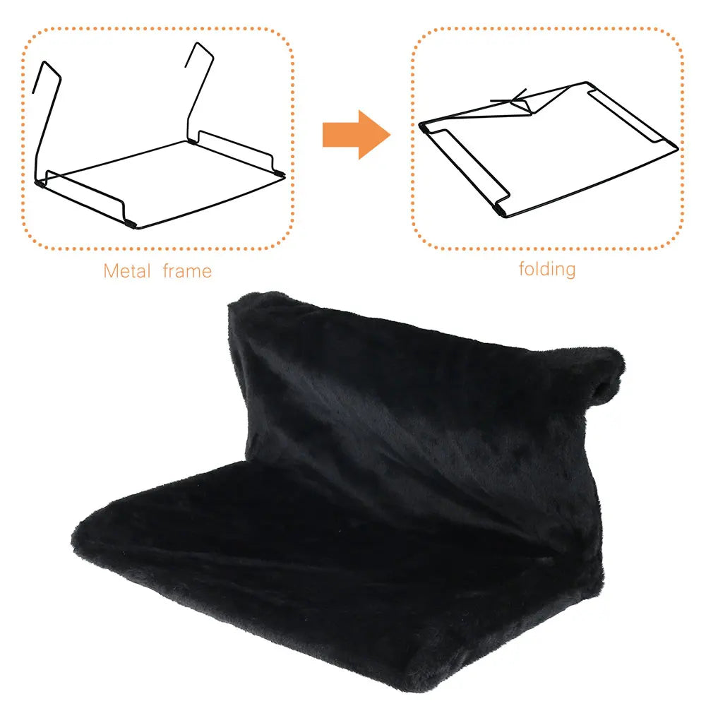 Black collapsible cat hammock bed hanging on radiator, cozy cradle for cats, by TrendyPet's Zone.