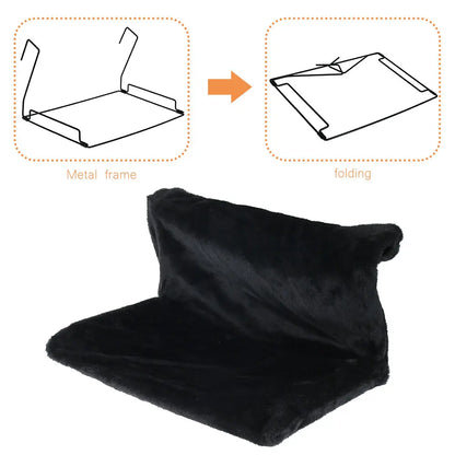 Black collapsible cat hammock bed hanging on radiator, cozy cradle for cats, by TrendyPet's Zone.