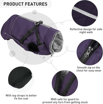Purple cozy dog jacket with harness, weatherproof pet coat by TrendyPet's Zone, designed for warmth and outdoor protection.
