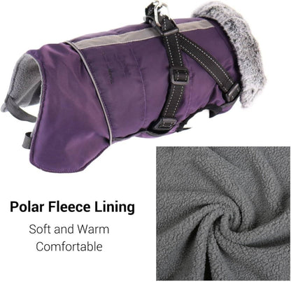 Purple cozy dog jacket with harness, weatherproof pet coat by TrendyPet's Zone, designed for outdoor protection and comfort.