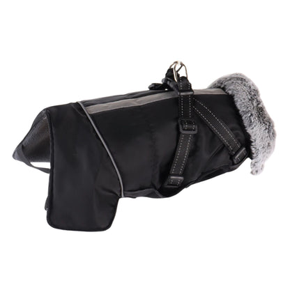 Black cozy dog jacket with built-in harness, weatherproof pet coat by TrendyPet's Zone, designed for outdoor protection and comfort.