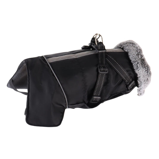 Black cozy dog jacket with built-in harness, weatherproof pet coat by TrendyPet's Zone, designed for outdoor protection and comfort.