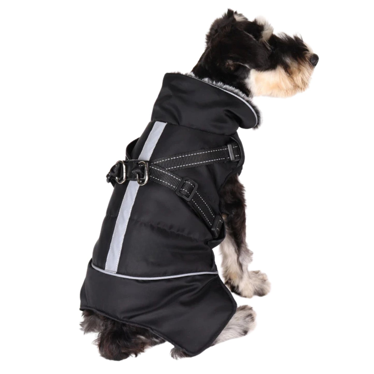 Black cozy dog jacket with harness, weatherproof pet coat by TrendyPet's Zone, designed for outdoor protection and comfort.
