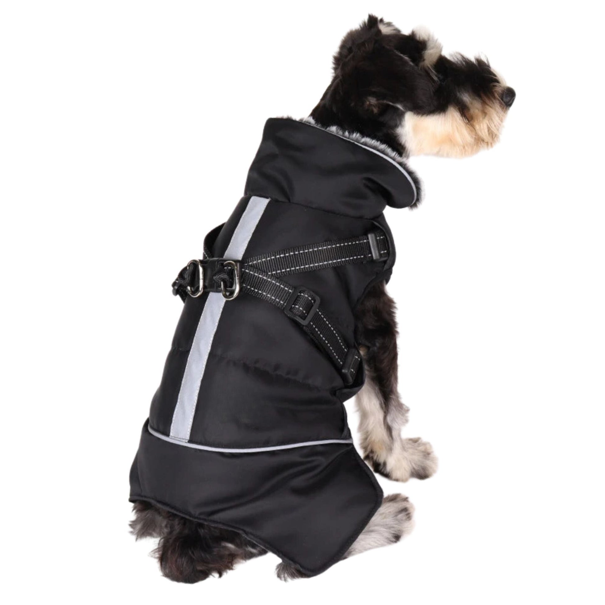 Black cozy dog jacket with harness, weatherproof pet coat by TrendyPet's Zone, designed for outdoor protection and comfort.