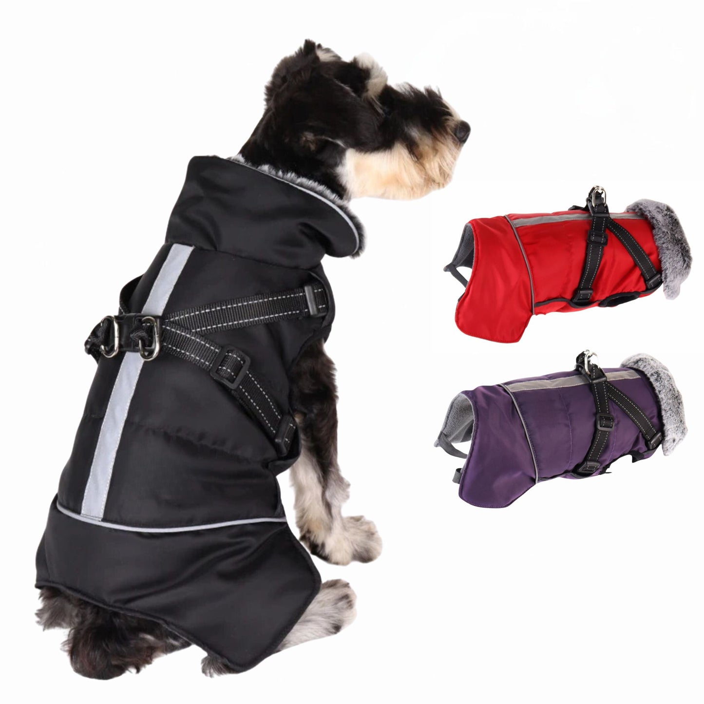 Black Cozy Dog Jacket with harness for weatherproof protection, designed by TrendyPet's Zone, suitable for outdoor walks.