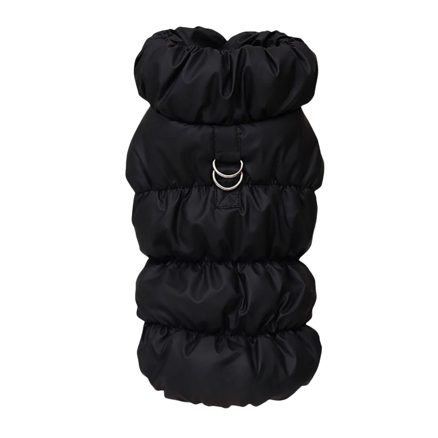 Black quilted dog vest jacket with built-in harness by TrendyPet's Zone, designed for warmth and comfort during walks.