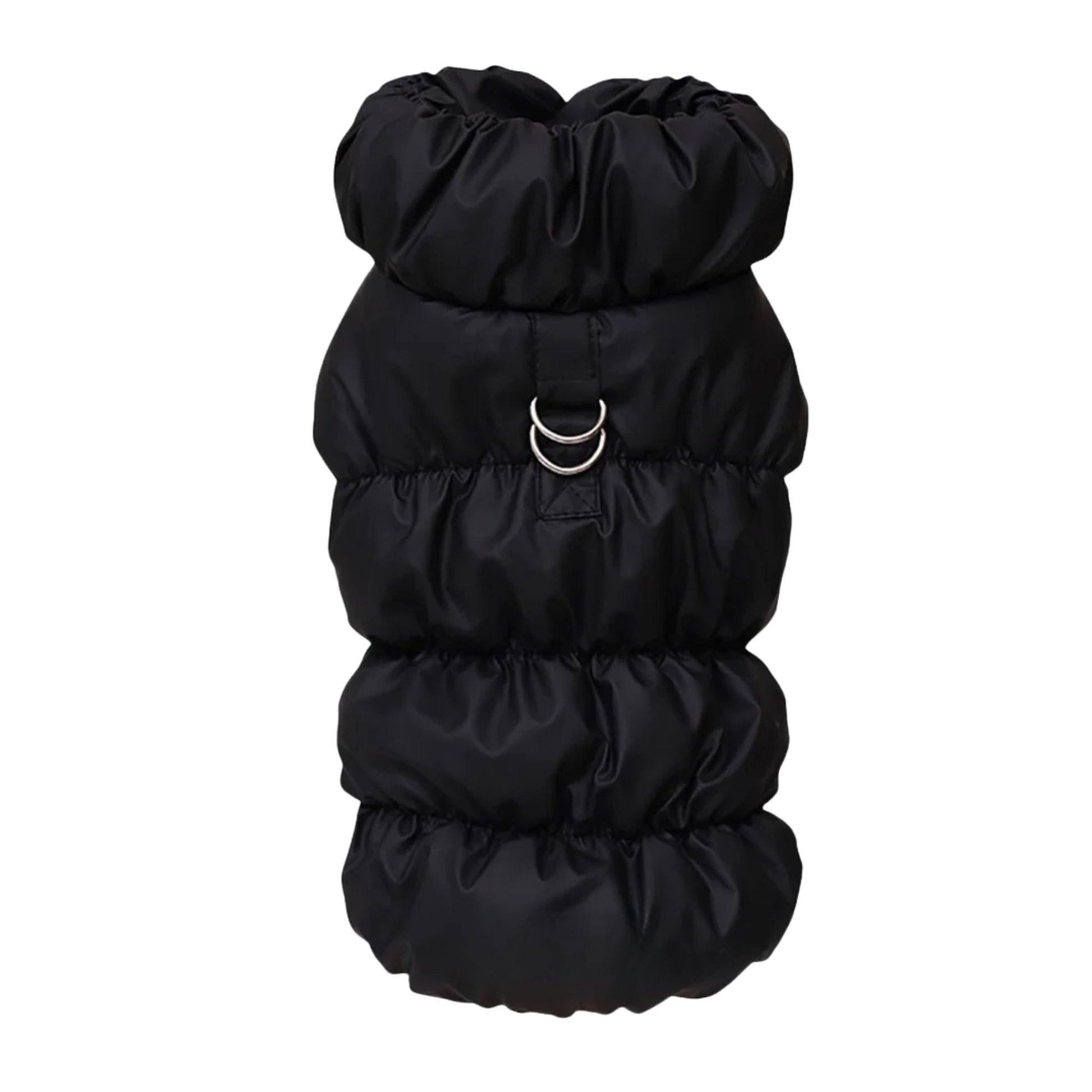 Black quilted dog vest jacket with built-in harness by TrendyPet's Zone, designed for warmth and comfort during walks.