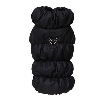 Black quilted dog vest jacket with built-in harness by TrendyPet's Zone, designed for warmth and comfort during walks.