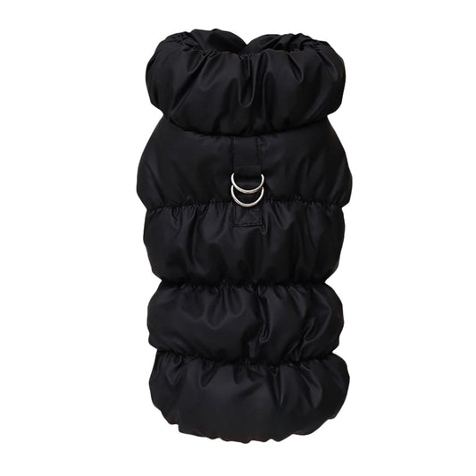 Black quilted dog vest jacket with built-in harness from TrendyPet's Zone, designed for warmth and comfort.