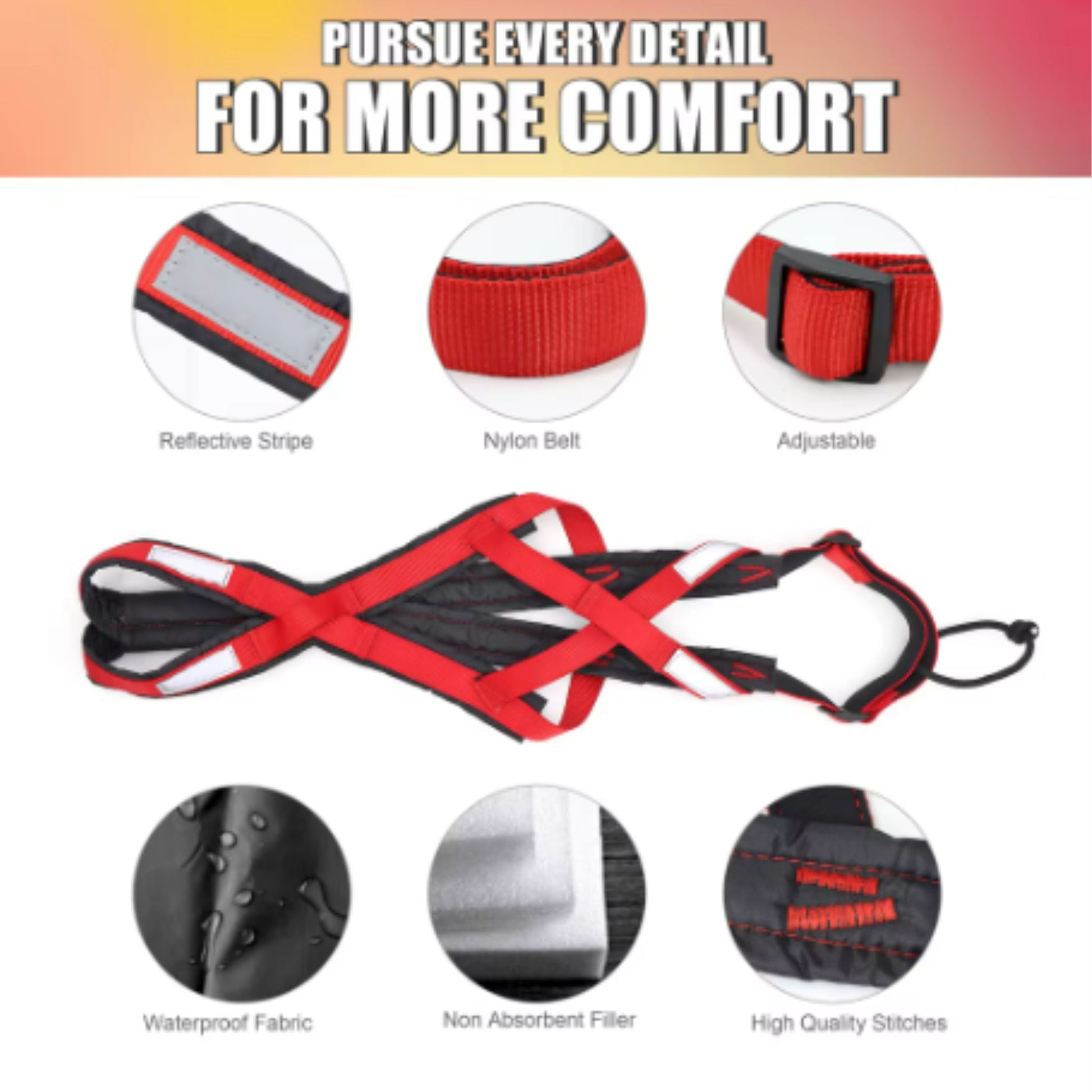 Red waterproof dog sledding harness by TrendyPet's Zone, reflective pet skijoring harness for large dogs, ideal for weight pulling and training.
