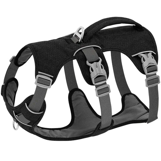 Black Escape-Proof Reflective Dog Harness by TrendyPet's Zone, durable, adjustable, with reflective strips for visibility and safety.