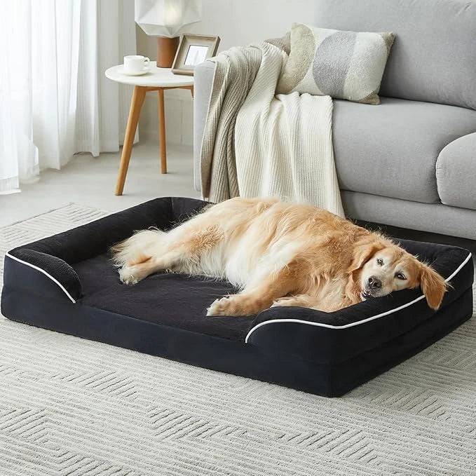 Black Extra Large Bolster Dog Bed with Waterproof Lining & Non-Skid Bottom, Washable, Orthopedic Egg Foam Couch, XL 42"x 30"x 7" TRENDYPET'S ZONE